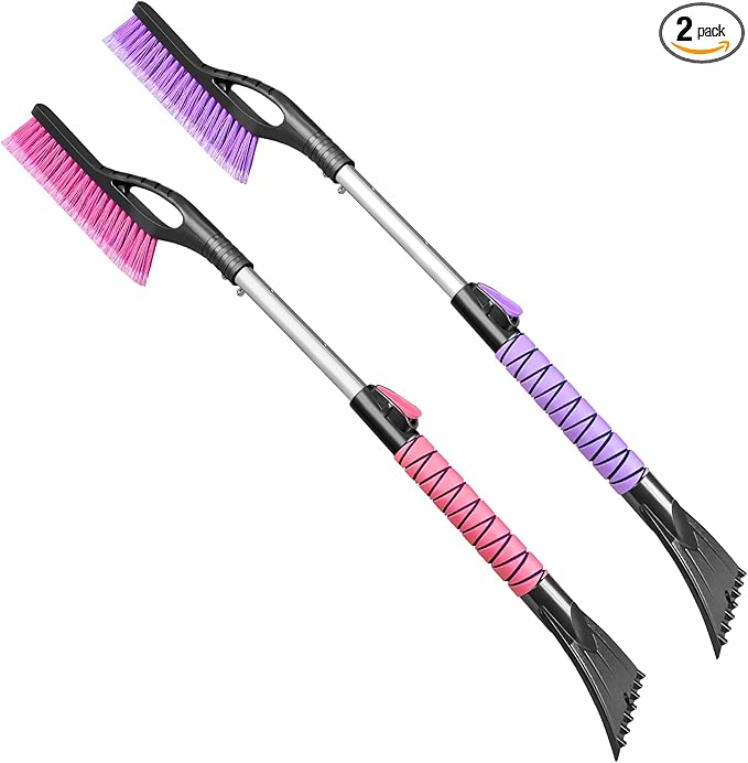 HEEYA 2 Pack Ice Scraper and Brush for Car, Extendable Snow Brush and Ice Scraper for Car Windshield Window, Car Snow Scraper and Brush with Foam Grip for SUV Truck Automobile Vehicle - Purple & Pink
