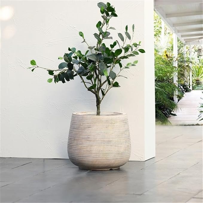 LuxenHome 17" Dia Round Planters for Indoor Plants, Large Outdoor Planters with Drainage Holes, Concrete Distressed Plant Pots Indoor & Outdoor for Home Garden Patio