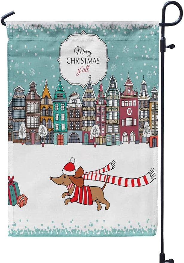 Merry Christmas Dachshund Garden Flag Christmas Card European Houses Dog Outdoor Garden Flag 12X18 Inches Double Sided Seasonal Garden Flags Kids Christmas Flag