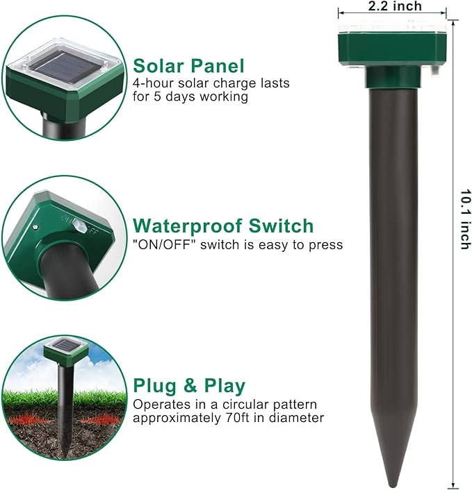 Solar Powered 6 Pack Solar Mole Repellent Ultrasonic for Vole, Snakes, Gopher, Waterproof Sonic Mole Deterrent Spikes,Snake Gopher Vole Repellent for Garden and Yard