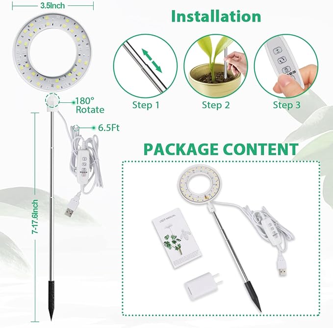 GYTF Halo Plant Grow Light, 6000K White LED Full Spectrum Growing Lamp for Indoor Plants, Succulents, Mini Bonsai, Small Plants, Height Adjustable, Dimmable & Timer 4/8/12/18Hrs,4 Pack