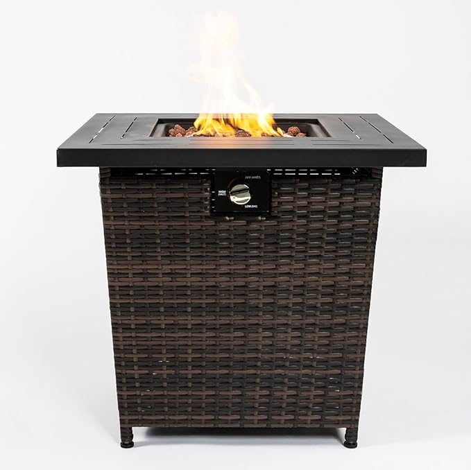 28'' Propane Fire Pit Table, 50,000 BTU Fire Table with Brown Wicker, Laval Rocks, Inclined Leg Design.