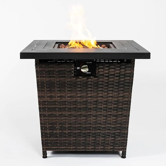 28'' Propane Fire Pit Table, 50,000 BTU Fire Table with Brown Wicker, Laval Rocks, Inclined Leg Design.