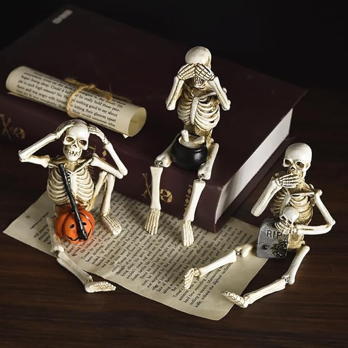 Halloween Decorations Indoor Skeleton Statues See Speak Hear No Evil Figurines for Mantel Table - Realistic Resin Skull Spooky Gothic Home Decor Set of 3