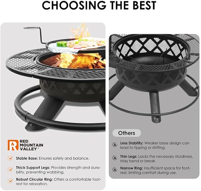 Red Mountain Valley 47" Outdoor Fire Pit with Adjustable Grill, 2-in-1 Outdoor Large Wood Burning Firepit Bowl, Bonfire Patio Fire Pits with Cooking grates, Metal Round Table for Backyard