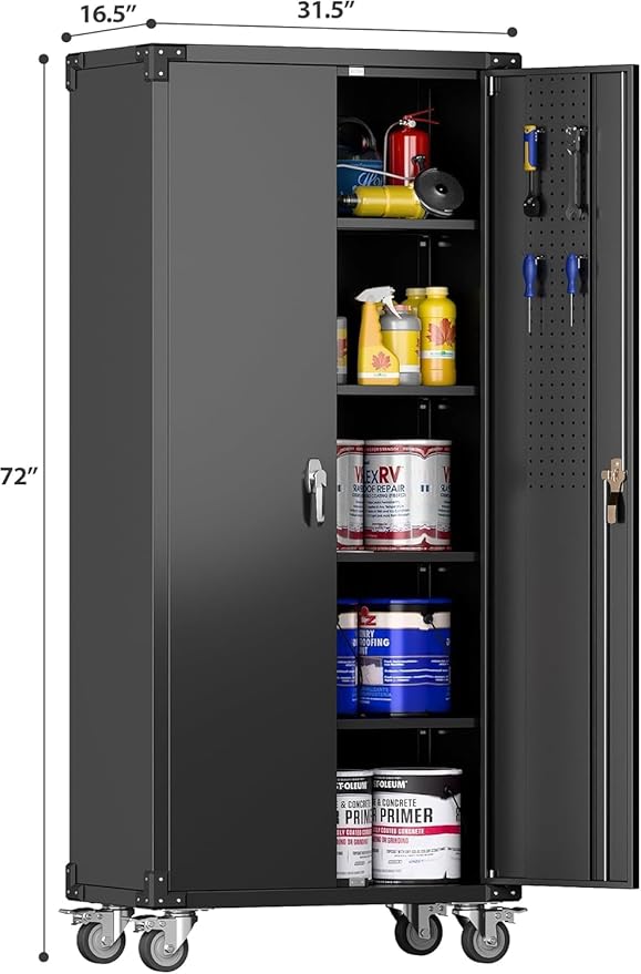 Metal Garage Storage Cabinet with Wheels and Pegboard, 72" H Rolling Steel Storage Cabinet with 4 Adjustable Shelves and Lockable Door for Garage, Office, Home,Required Assembly,Black