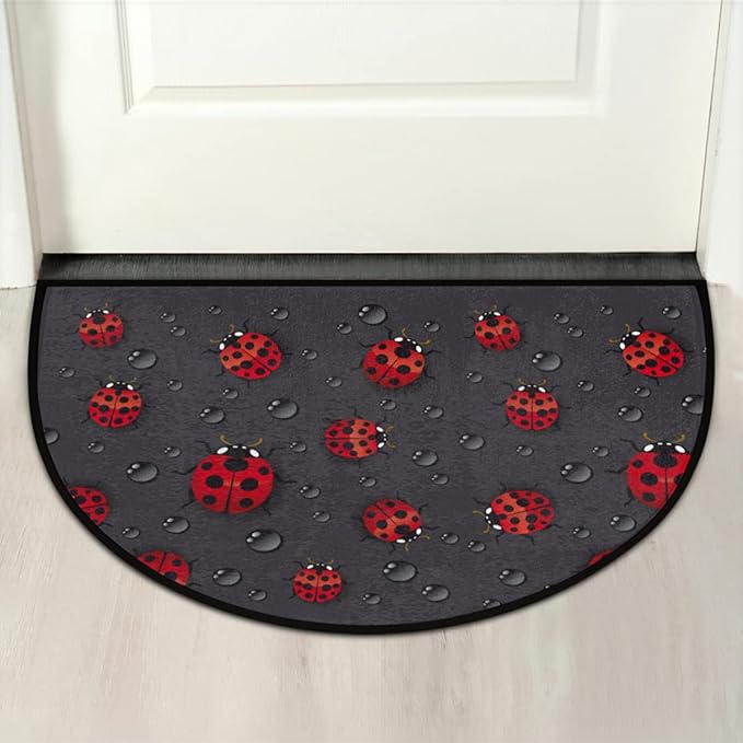 cfpolar Ladybug Half Round Door Mat - Rainy Day Cute Ladybird Black Semicircle, Non-Slip Soft Area Rug for Indoor Entrance, Wear-Resistant Welcome Mat for Garage, Patio, Home Decor - 24 x 36 in