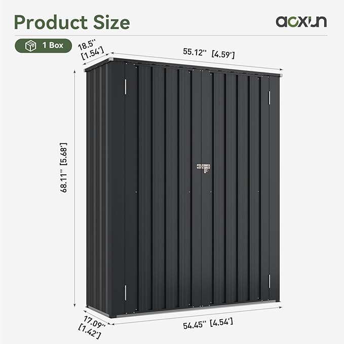 Aoxun 55x19 in Outdoor Storage Cabinet Metal Garden Shed with 2 Adjustable Shelves 3 Layer Indoor& Outdoor Waterproof Vertical Storage Shed for Patio Garden, Garage, Porch (Black, 40 Cu.Ft)