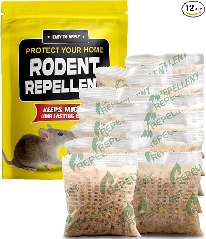 Rodent Repellent Pouches, Mice Repellent Indoor and Outdoor, Rat Repellent for House, Mouse Repellent, Outdoor Rat Deterrent, Extra-Strength 3 Months Protection, Naturally and Safely-12P