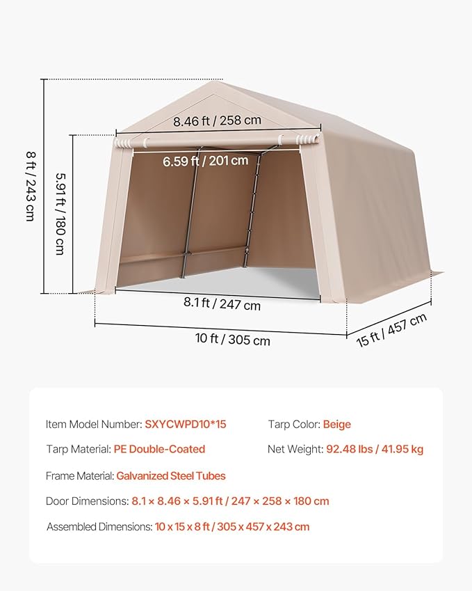 VEVOR Outdoor Storage Shed, 10 x 15 ft Portable Storage Tent with Roll-up Door & Vents, Waterproof Canopy Shed Shelter, Heavy Duty Frame, Patio Garage Carport for Motorcycle, Lawn Mower, Bike, Beige