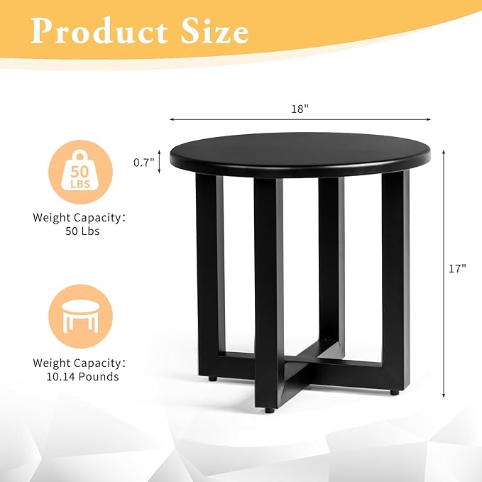 VINGLI Round Outdoor Side Table, Small Metal Outdoor Table Patio End Tables for Balcony, Porch, Garden and Poolside (Black)