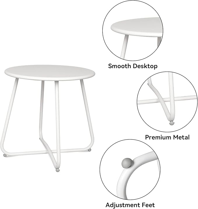 Babion White Round Patio Side Table, Small Accent End Table for Patio Yard Garden, Indoor & Outdoor