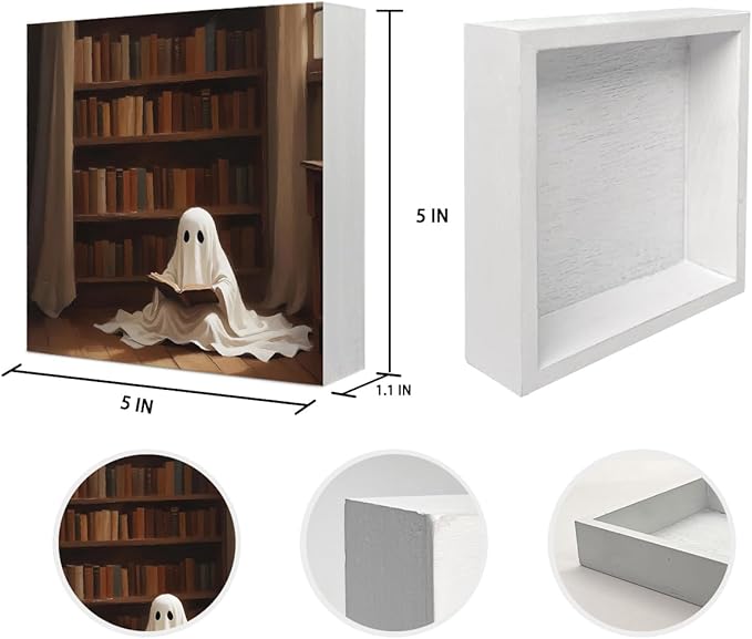 Mtrgdn Cute Halloween Decor,Halloween Decorations Indoor,Ghost Reading Desk Decor Wooden Box Sign,Halloween Home Office Kitchen Bathroom Bedroom Coffee Bar Table Shelf Wall Decorations,5x5 Inch