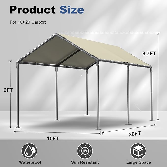 Grezone 10 x 20ft Heavy Duty Carport,Portable Car Tent Garage,All Season UV Resistant Car Canopy for Auto,Truck,Boat,Car (Beige)