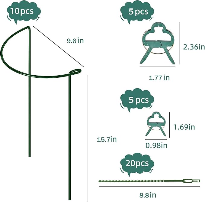 10 Pack Plant Support Stakes, 10" (W) x 16"(H) Half Round Heavy Duty Metal Garden Plant Cages for Outdoor Plants, Rust-Proof Durable Peony Cages and Supports with 10 Plant Clips and 20 Plant Ties