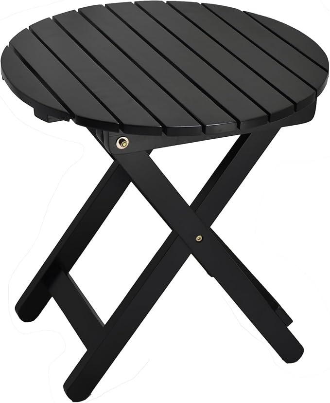 Outdoor Small Round Folding Side Tables, Foldable Wooden End Table for Indoor, Porch, Patio, Camping as Coffee Table or Plant Stand, Black ﻿