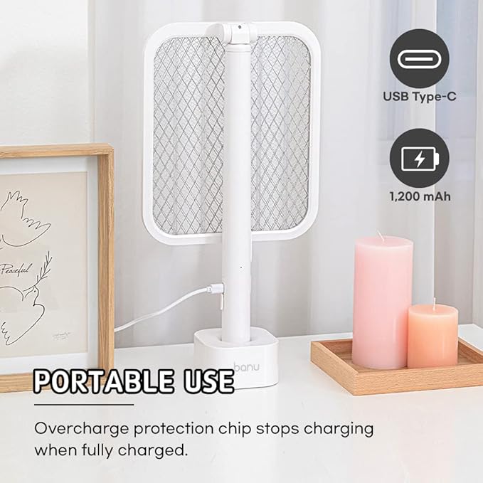 Banu Electric Fly Swatter Bug Zapper Racket, 180-Degree Folding, Adjustable 2-in-1 Mosquito Killer Lamp, Rechargeable 1200mAh Battery, 3-Layer Safety Mesh, Suitable for Indoor and Outdoor Use