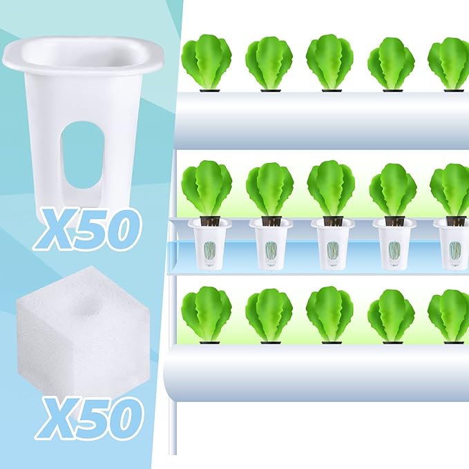 Hoolerry 100 Pcs Hydroponics Growing System Kit Include 50 Hydroponic Grow Baskets Pods and 50 Square Sponges, Indoor Seed Starter for Garden Supplies
