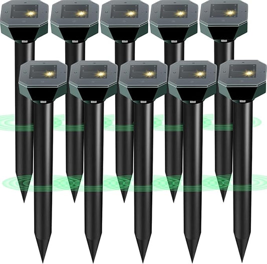 Snake & Mole & Rabbit & Skunk Repellent Solar Powered, Ultrasonic Deterrent, IP65 Waterproof, 2025 Upgraded Gopher Groundhog Rodent Chipmunk Raccoon and Vole Repellent for Lawn & Garden, 10 Pack