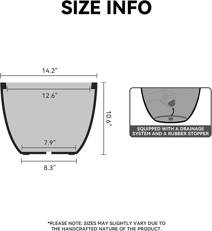Kante 14.2 Inch Round Concrete Planter - Classic Large Plant Pot with Drainage Hole and Rubber Plug, Suitable for Gardens and Patios, Weathered Concrete Finish with Forest Green Interior