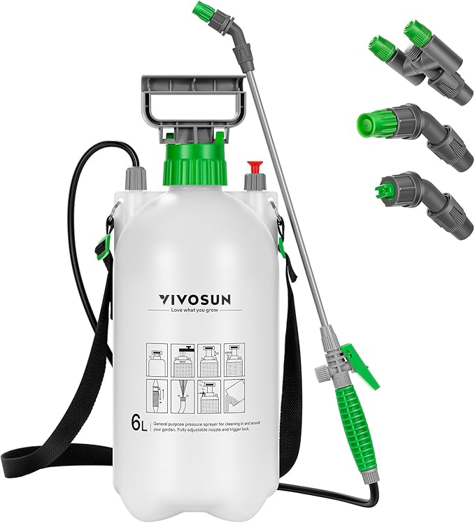 VIVOSUN 1.6 Gal/6L Pump Sprayer, Garden Water Sprayer for Plants, Weeds & Lawn Care, with 3 Nozzles, 50'' Long Hose & Pressure Relief Valve