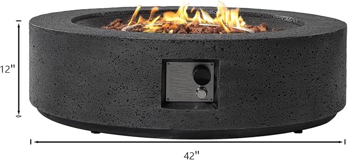 SUNBURY Outdoor Fire Pit, 42" Round Propane Gas Patio Fire Table 50,000 BTU Concrete Travertine Design, CSA Certified, Circular Base Firepit with Lava Rocks, Waterproof Cover (Grey)