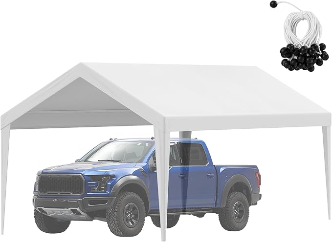 VEVOR Carport Replacement Canopy Cover 10 x 20 ft, Garage Top Tent Shelter Tarp Heavy-Duty Waterproof & UV Protected, Easy Installation with Ball Bungees,White (Only Top Cover, Frame Not Include)