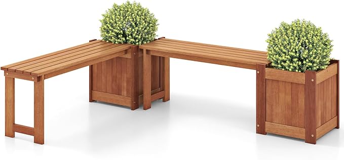 Giantex Set of 2 Outdoor Bench with Raised Garden Beds, 4-in-1 Wood Seat with Teak Oil Finish, Planter Boxes with Open-Ended Base, Garden Bench Seat for Porch Balcony Lawn Yard, DIY Assembly