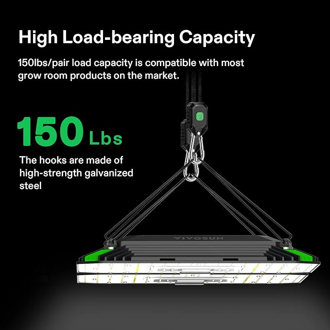 VIVOSUN 6-Pair 1/8 Inch Adjustable Grow Light Hanger, Heavy Duty Rope Hanger with Reinforced Metal Gears, 8Ft. Long and 150 lbs Weight Capacity Rope for Grow Light, Inline Fan, Filters