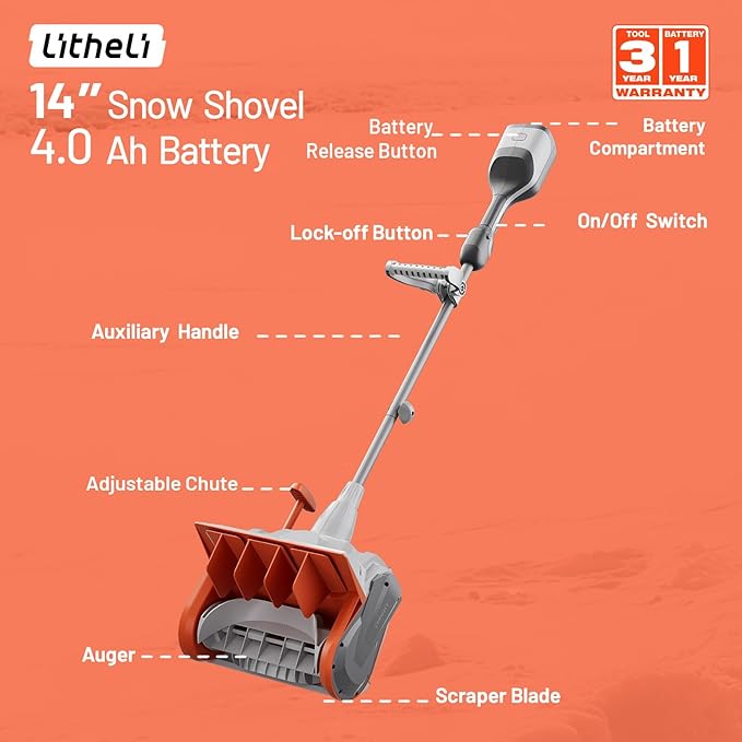 Litheli Electric Snow Shovel Cordless 2x20V, Brushless Lightweight Battery Powered Snow Blower with 4.0Ah Battery, Easy Snow Removal Tool for Driveways, Sidewalks, Patios and Decks