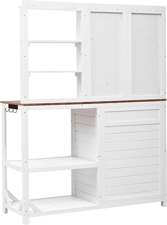 Fir Wood Potting Bench with Hutch - Outdoor Garden Workstation with 4 Shelves, Drawer & Adjustable Storage, 50.2" Countertop, & Pegboard (White + Wood + Rustic)