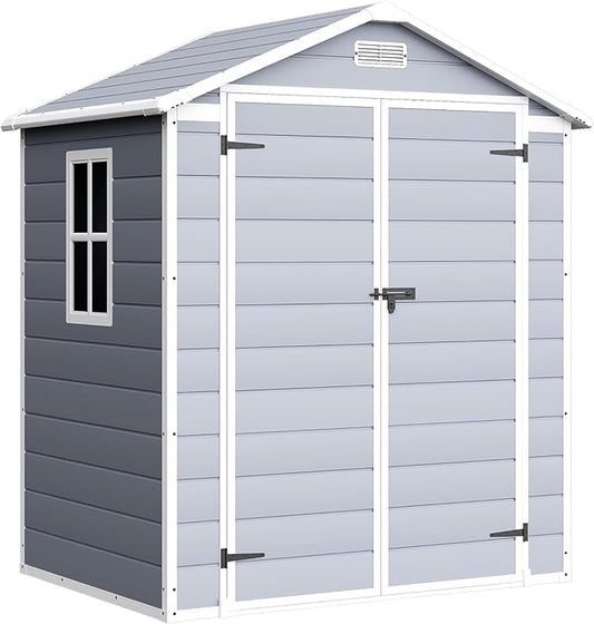 Devoko 6x4FT Outdoor Storage Shed with Lockable Door, Waterproof Plastic Resin Garden Shed Tool with Floor for Backyard, Patio, Lawn, Pool Supplies (Grey)