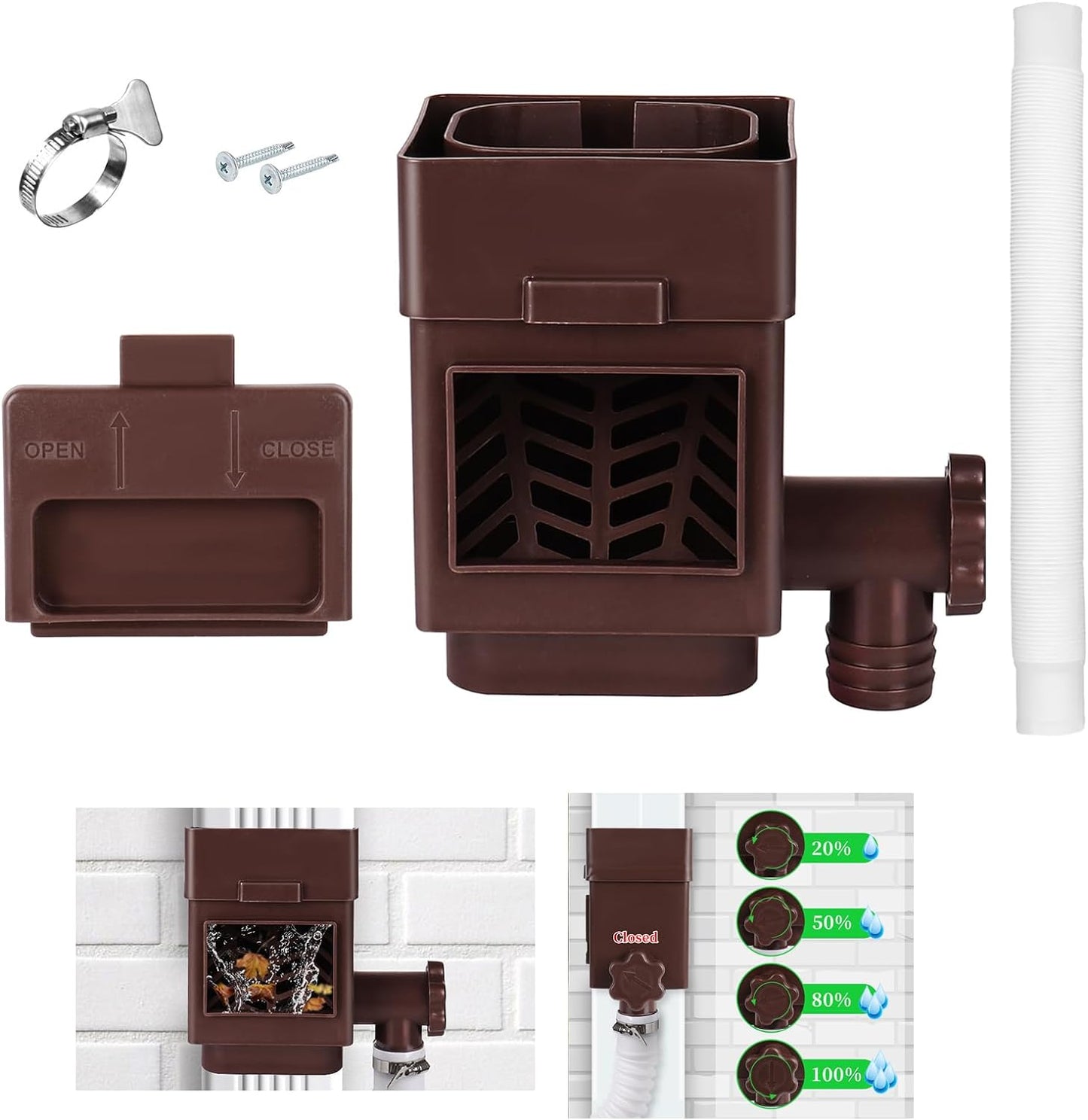 Rain Barrel Diverter Kit, Downspout Diverter Fits for 2"x 3" or 3"x 4" Standard Downspout, Rainwater Collection System with Adjustable Valve and Filter,5ft Hose(Brown)