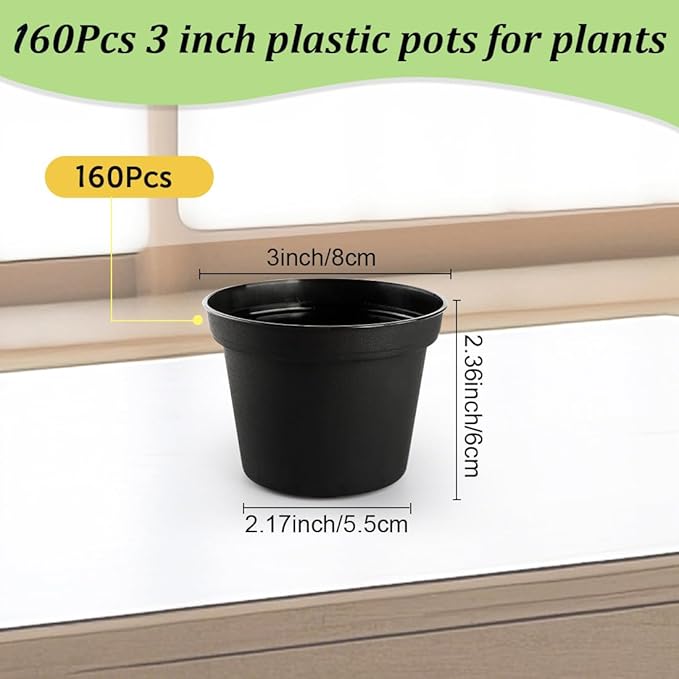 160 Pack 3 Inch Black Nursery Pots - Plastic Seedling, Seed Starter, Germination Pots with Drainage for Plants, Succulents, Flowers, Transplanting