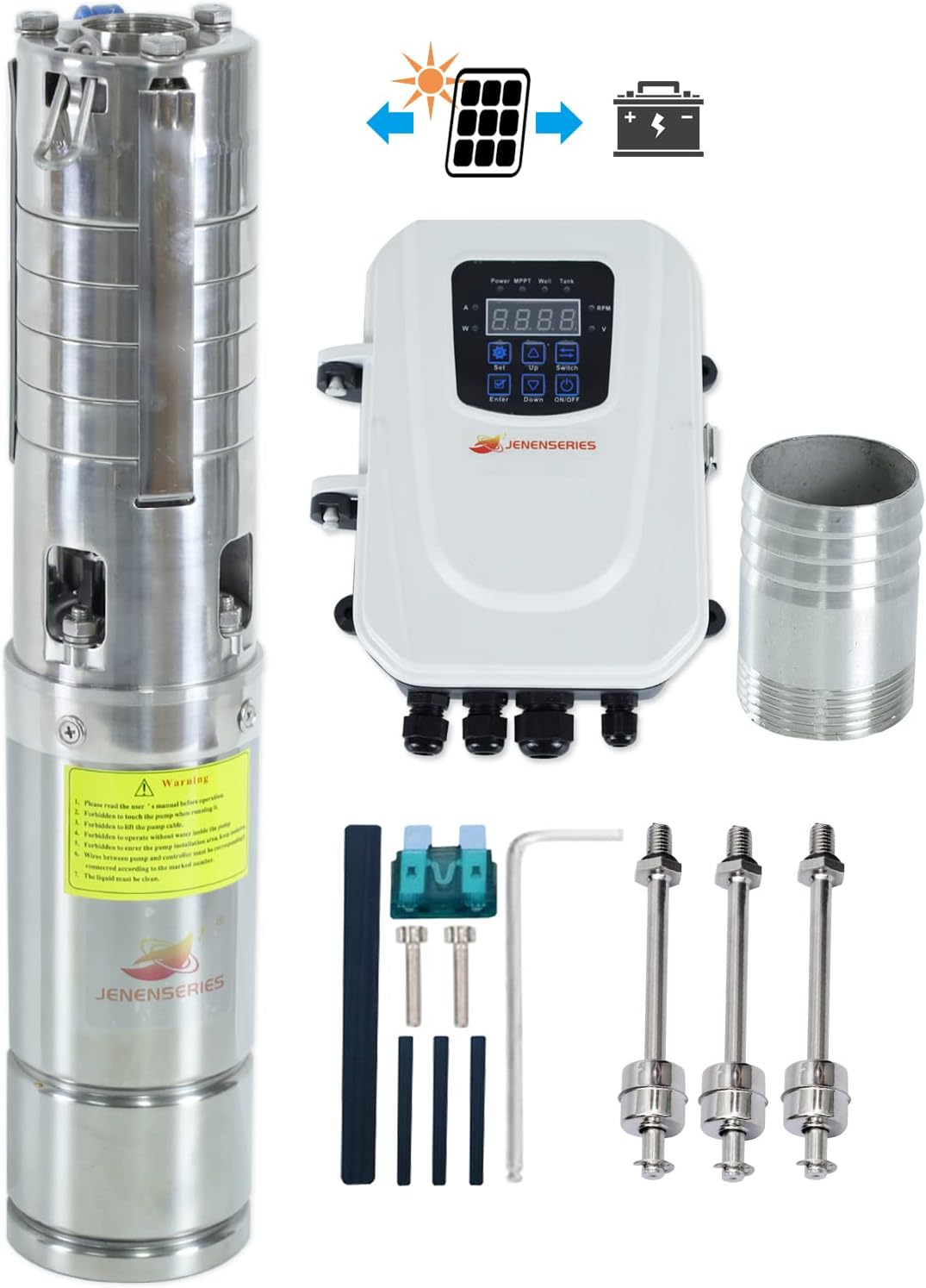 Pump 750W DC 48V Solar Water Pumps, 4 inch Stainless deep well impeller pumps with max head 40m, 30.7GPM Flow and MPPT charge controller float switch kits for home or farm