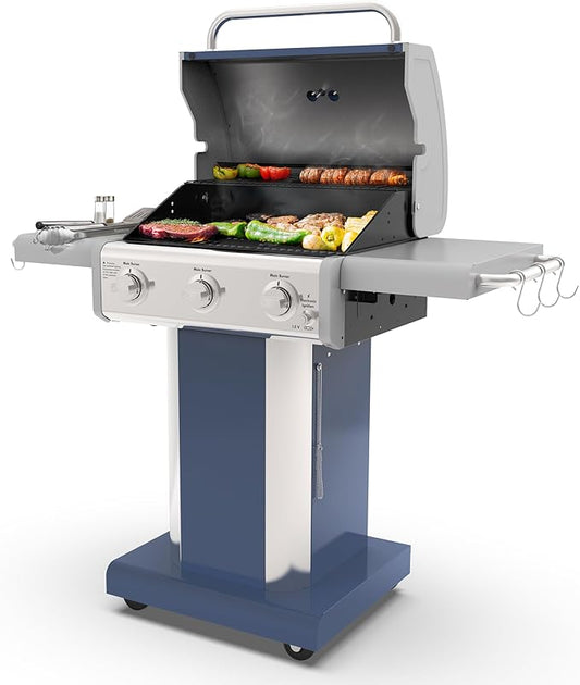 Kenmore 3-Burner Propane BBQ Grill, 30,000 BTUs Gas Grill with Cast Iron Cooking Grates, Folding Side Tables & Wheels, Outdoor Grill with Tool Hooks, Azure Blue