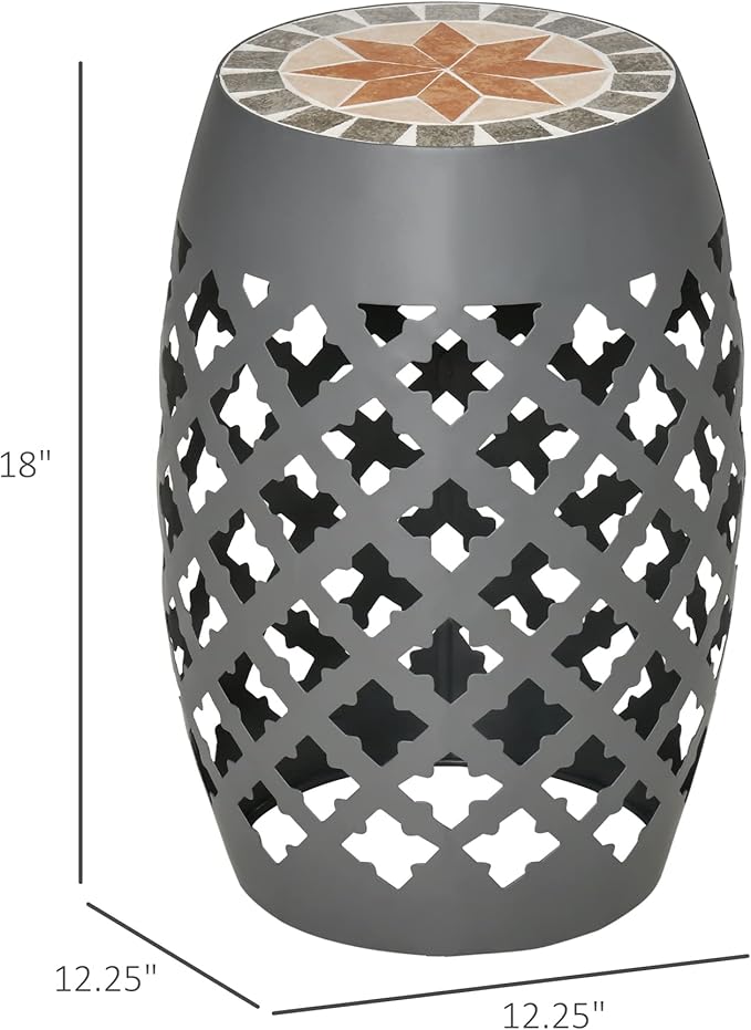 Outsunny 12" Patio Round Side Table, Outdoor Footstool, Garden Mosaic Accent Side Table, Plant Stand, Gray