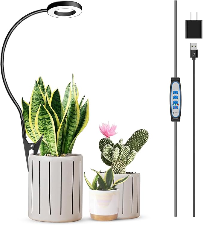 Clip on Grow Light, 6000K Halo Plant Lights for Growing Small Plants, LED Full Spectrum Grow Lamp with 6/12/16H Timer, 5 Dimmable, 3 Modes, 2 Installation Options Clip or Plug