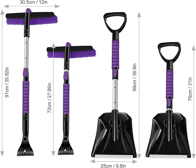Odoland Ice Scraper with Snow Brush and Snow Shovel, 35" Extendable Snow Remover with Foam Grip, 360° Pivoting Brush Head for Car Windshield, Emergency Snow Scraper for SUV Truck Vehicle, Purple