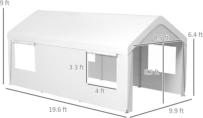 Outsunny Carport 10' x 20' Portable Garage, Heavy Duty Car Port Canopy with 2 Roll-up Doors & 4 Ventilated Windows for Car, Truck, Boat, Garden Tools, White