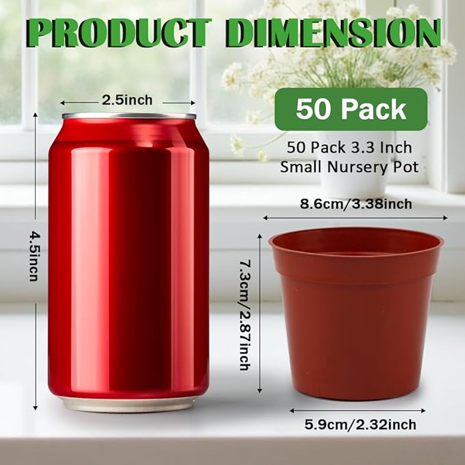 50 Pack 3.3 Inch Plastic Plant Nursery Pots, Seedling Pots with Drainage Holes, Seed Starting Pots, Small Plant Pot for Planting Flowers Indoor Outdoor, Red