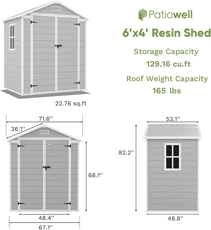 Patiowell 6x4 FT Plastic Outdoor Storage Shed, Resin Outside Shed Perfect to Store Patio Furniture, GardenTools Bike Accessories, Beach Chairs and Lawn Mower, Light Grey