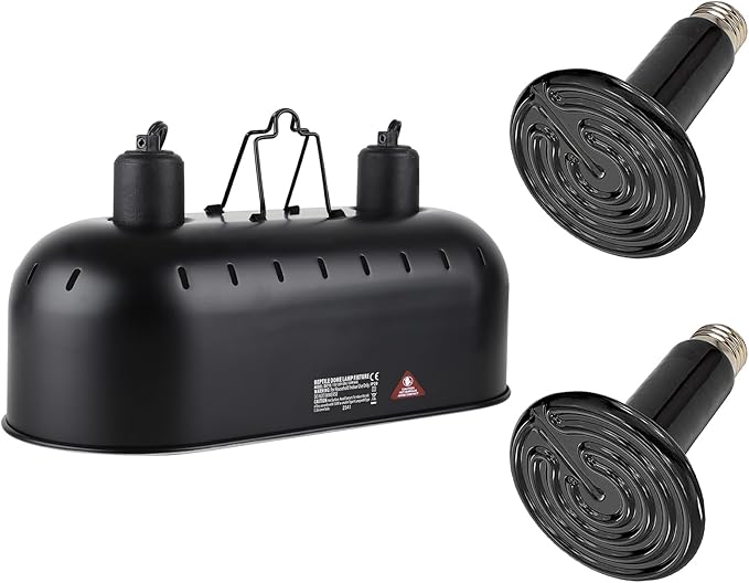 15 inch Dual Reptile Light Fixture, Max 150W Reptile Heat Lamp with 2PCS 150W Ceramic Heat Emitter, Double Dome UVB Light Fixture for Terrarium and Tortoise Habitat