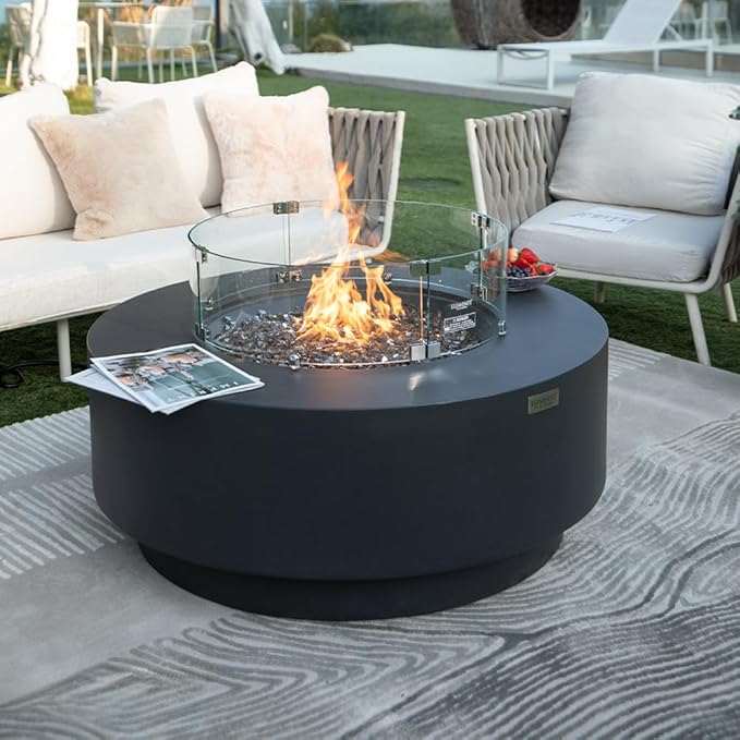 Nimes Concrete Fire Pit 40.9" x 40.9" Patio Firepit Includes Fire Glass Modern Fire Pits & Outdoor Fireplaces for Garden, Deck, Indoor & Outdoor Heating
