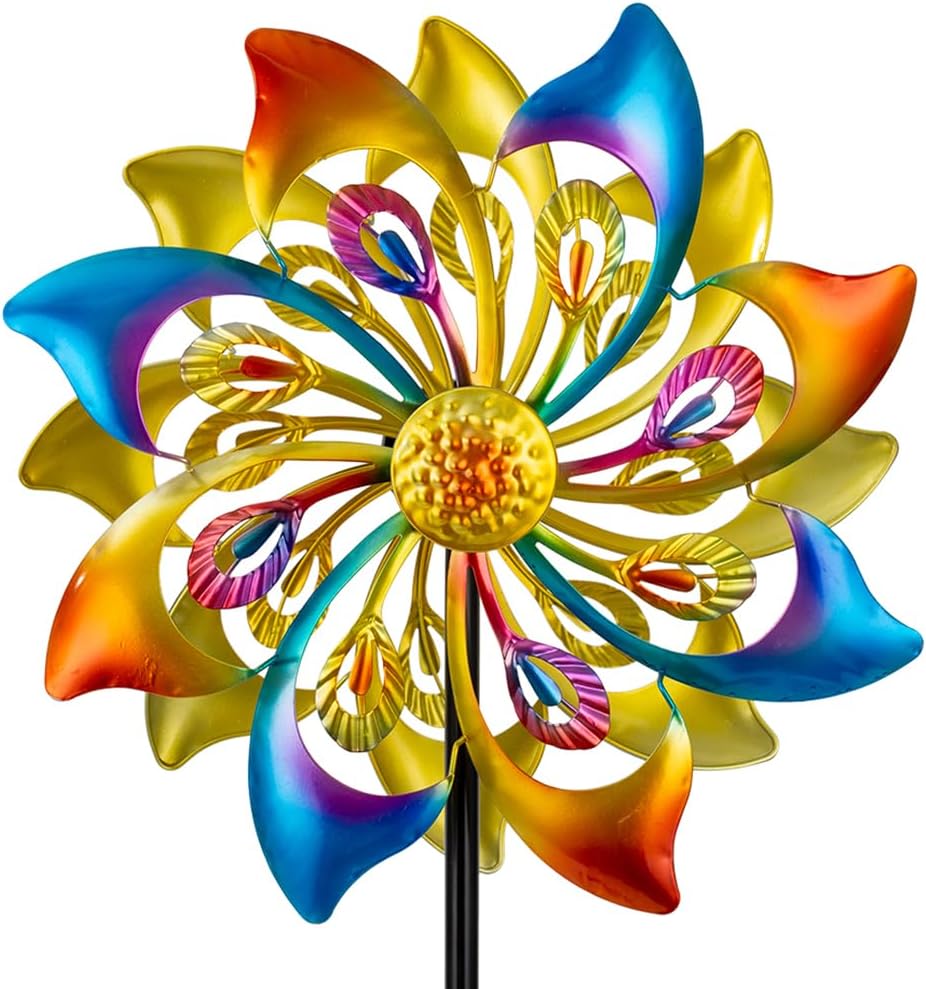 DREAMSOUL 13" Dia Wind Spinners Outdoor with 4 Prong Stakes, Kinetic Metal Wind Spinners for Yard and Garden Decor (52 * 13 Inches)