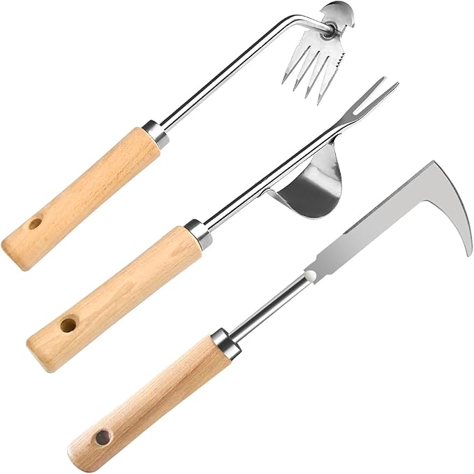 Weed Puller Tool, 3 Pack 2025 New Garden Stainless Steel Weeder Tool Hand Weeder Tool,Multi-Purpose Weed Remover Tool Weeding Tools for Gardening(Wooden Handle)