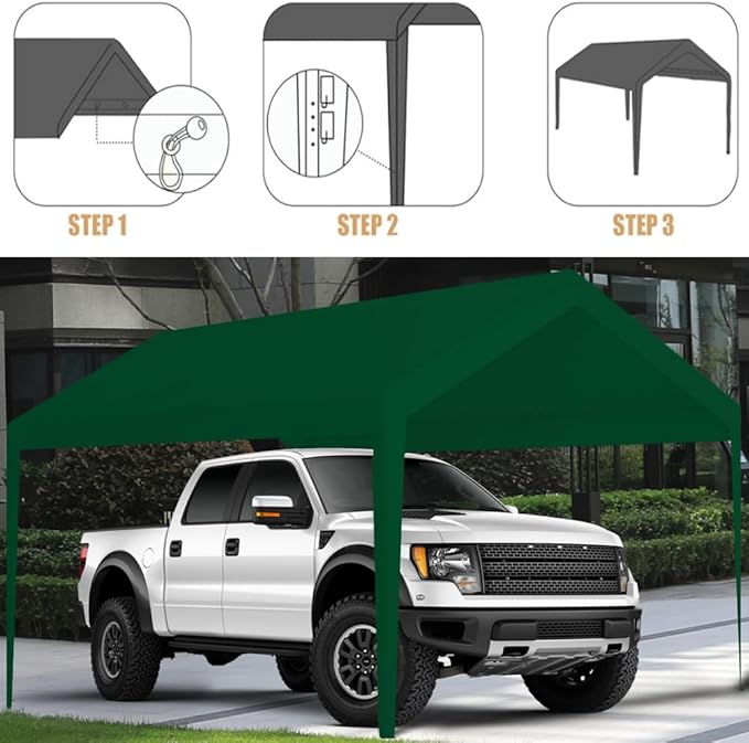 Carport Replacement Canopy, Replacement Top Cover for 12' x 20' Carport Frame, 180G PE Fabric Waterproof & UV Protected Tarp with Ball Bungees, Green (Only Top Cover, Frame is not Included)