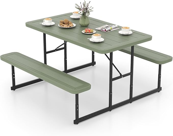 Tangkula Picnic Table, HDPE Outdoor Rectangular Table Bench Set with 2 Built-in Benches, Umbrella Hole, Metal Frame for 4 Person, Garden Yard Patio Lawn