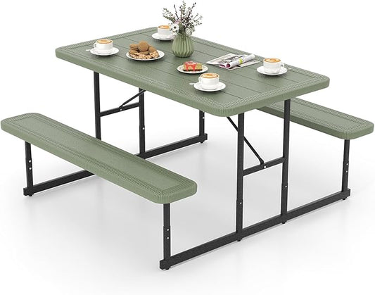 Tangkula Picnic Table, HDPE Outdoor Rectangular Table Bench Set with 2 Built-in Benches, Umbrella Hole, Metal Frame for 4 Person, Garden Yard Patio Lawn