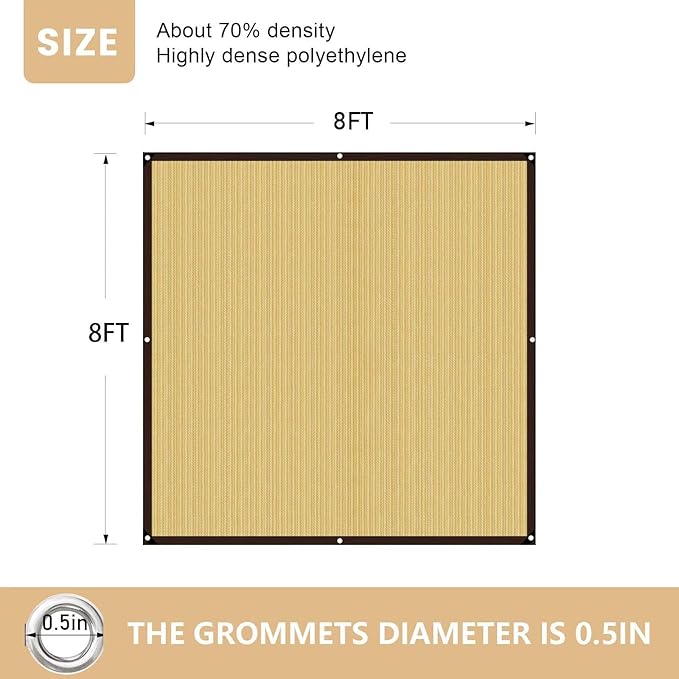 QNLONG Shade Cloth for Garden， 90% Beige Shade Net Mesh Tarp with Grommets Sun Shade Cover Tear Resistance for Plants Greenhouse Chicken Coop Vegetables Pergola 8X8FT